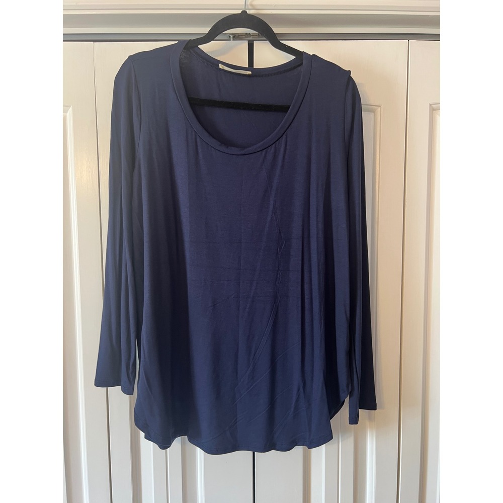 A.gain Navy Blue Scoop Neck Long Sleeve Top Curved Hem 2XL Made in USA